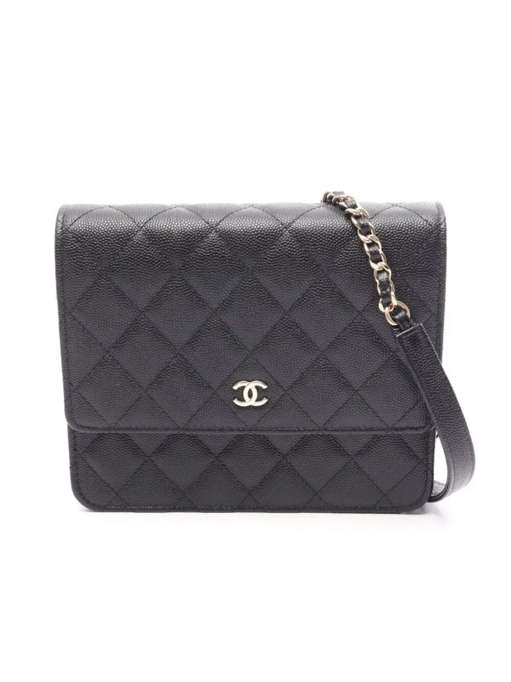 Chanel Shoulder Bag Quilted Black Caviar Leather Chain Wallet